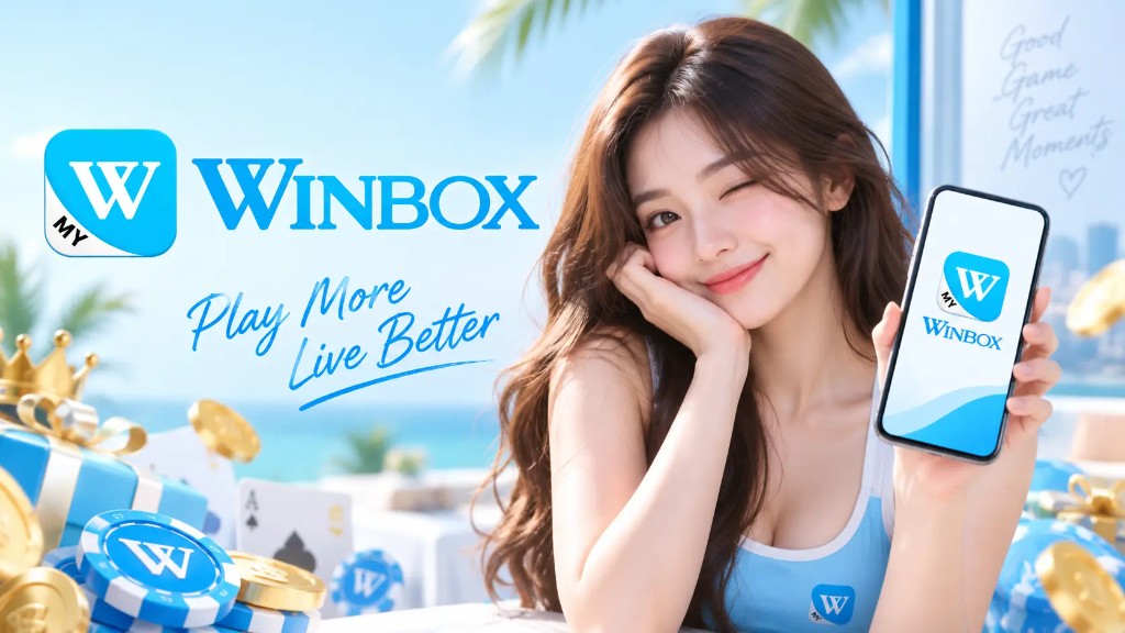 Promosi jenama Winbox MY — aplikasi Winbox pada telefon dengan slogan Play More Live Better.
